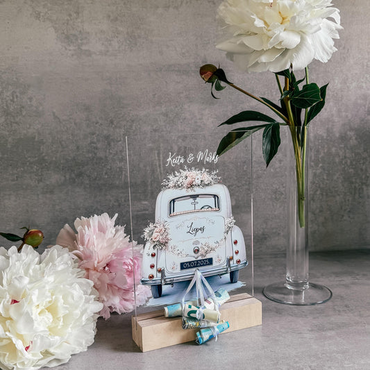 PERSONALIZĒTS STIKLA DEKORS KOKA STATĪVĀ NAUDAS PASNIEGŠANAI KĀZĀS "KĀZU MAŠĪNA"