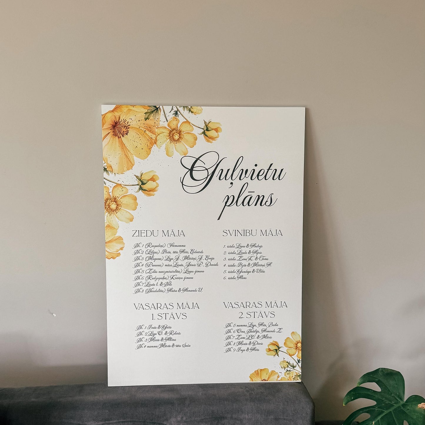 GUĻVIETU PLĀNS AR DZELTENIEM ZIEDIEM I DIZAINU PIELĀGOSIM KĀZU TEMATIKAI