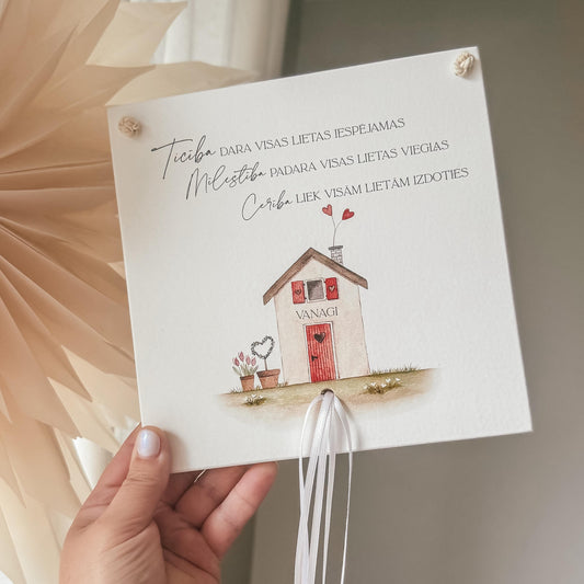 DEKORS NAUDAS PASNIEGŠANAI KĀZĀS AR LENTĪTĒM  "MĀJA AR UZVĀRDU"