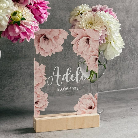 "ROZĀ PEONIJAS" ORGANISKĀ STIKLA DZIMŠANAS DEKORS AR VĀRDU