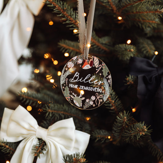 PERSONALIZĒTI ORGANISKĀ STIKLA EGLĪŠU ROTĀJUMI "BĒRNIŅA PIRMIE ZIEMASSVĒTKI"